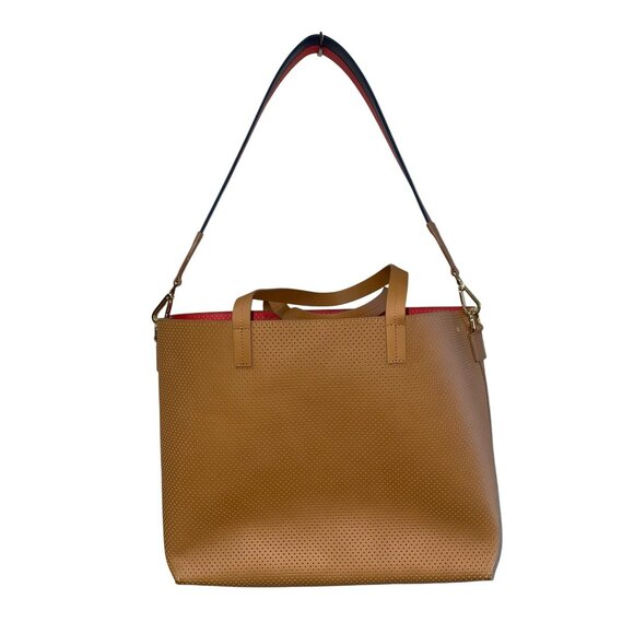New Mark & Graham Large Perforated Tan Leather Tote Bag With Red Interior & Adju - Picture 7 of 9